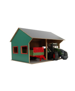 Kids Globe Farming Dřevěná garáž pro 2 traktory 1:16, 44x53x37cm