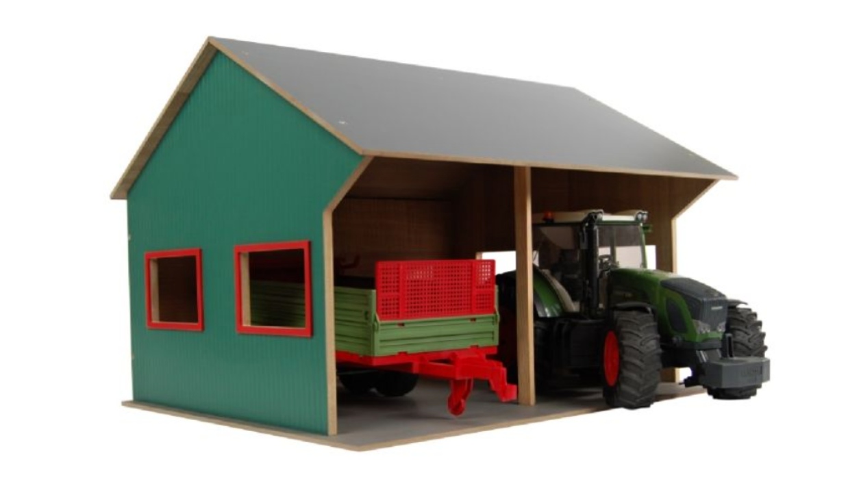 Kids Globe Farming Dřevěná garáž pro 2 traktory 1:16, 44x53x37cm