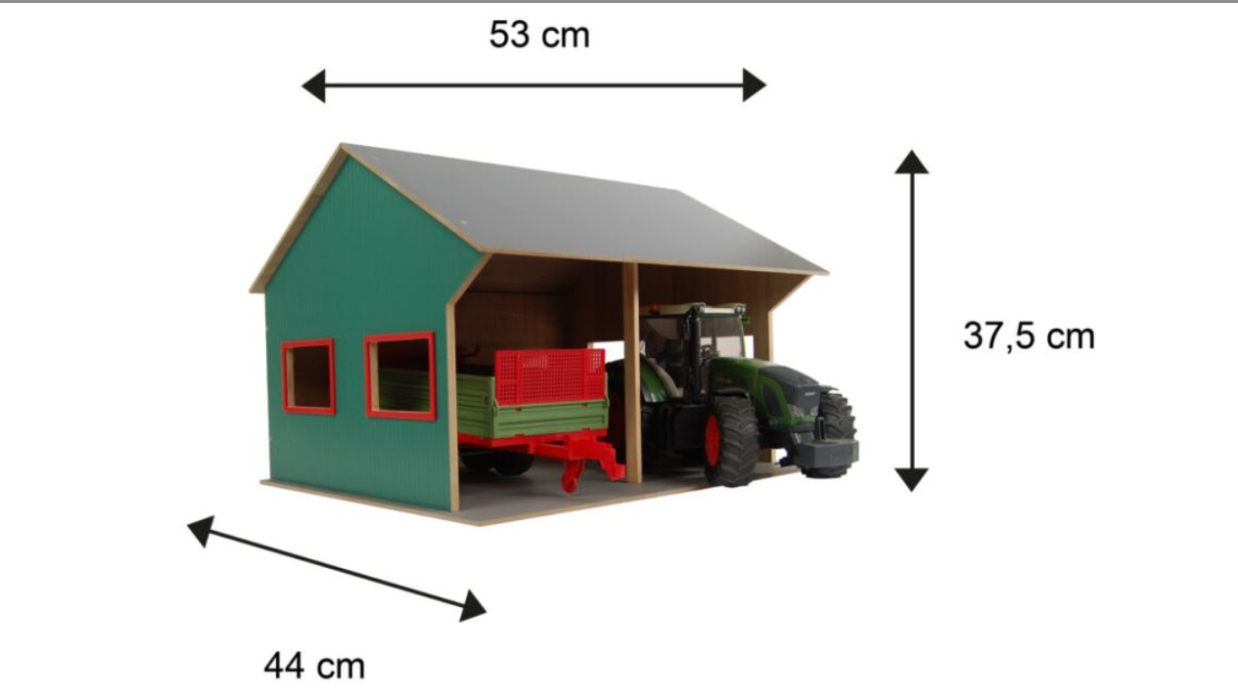 Kids Globe Farming Dřevěná garáž pro 2 traktory 1:16, 44x53x37cm