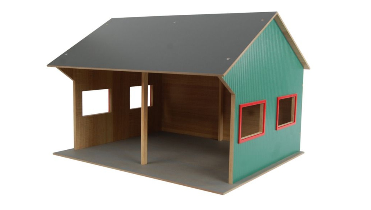 Kids Globe Farming Dřevěná garáž pro 2 traktory 1:16, 44x53x37cm