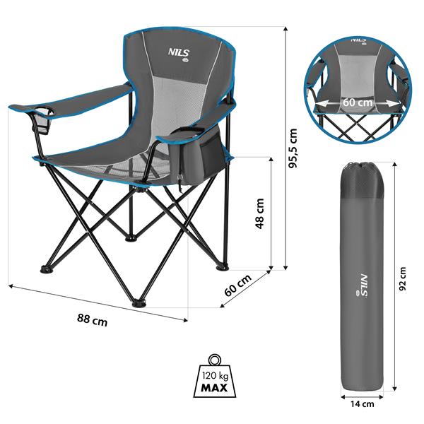 Skládací turistická multifunkční židle NILS Camp NC3706 šedá, nostnost 120 kg