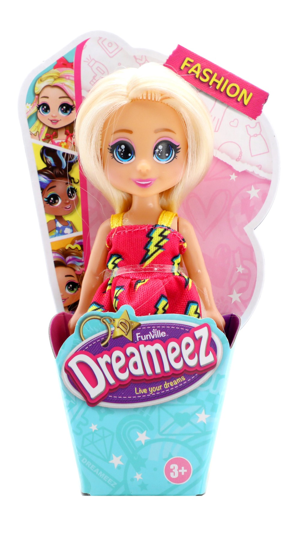 Dreameez mini panenka v kornoutku, blondýna s růžovými šaty