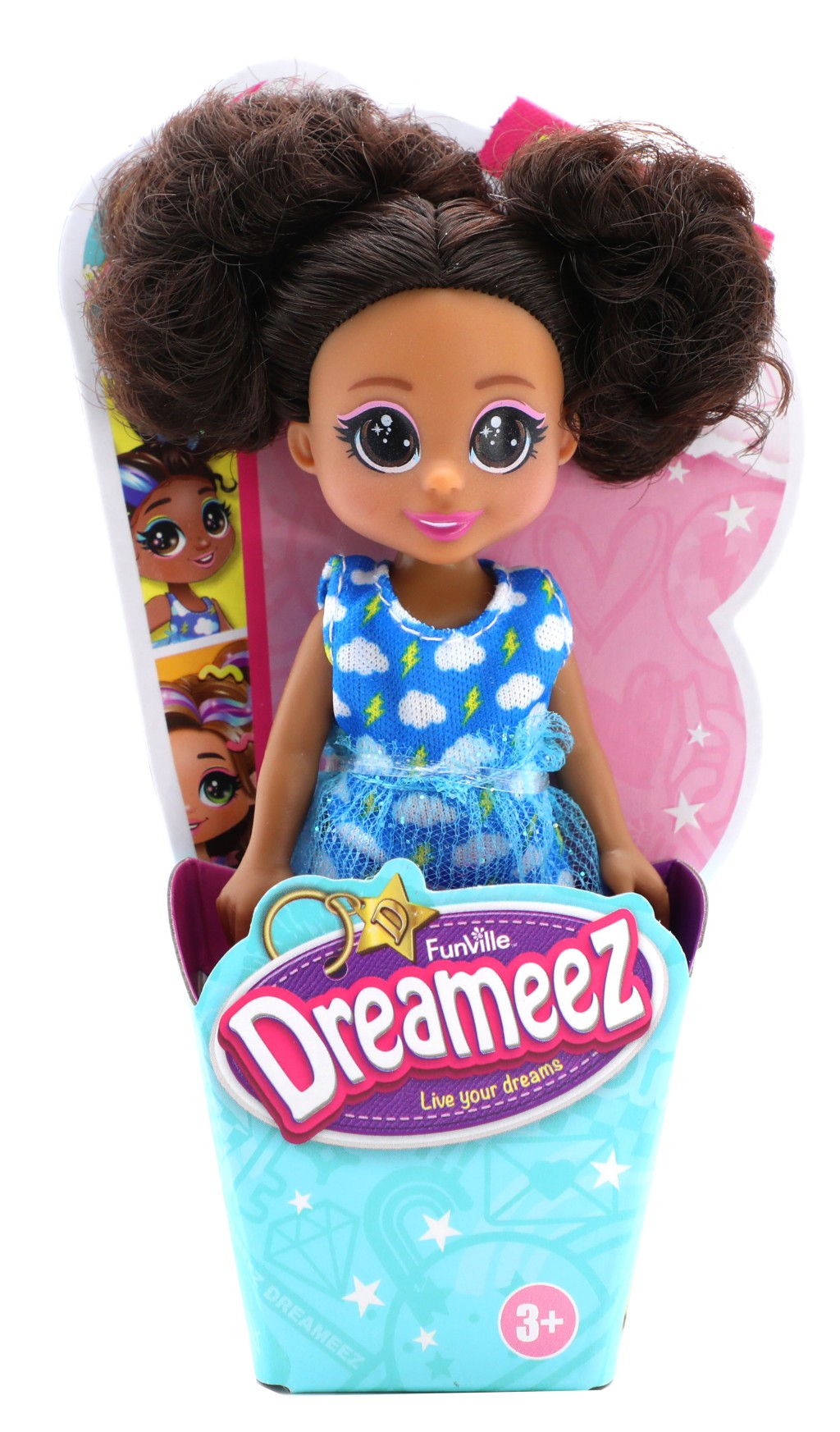 Dreameez mini panenka v kornoutku, brunetka s modrými šaty