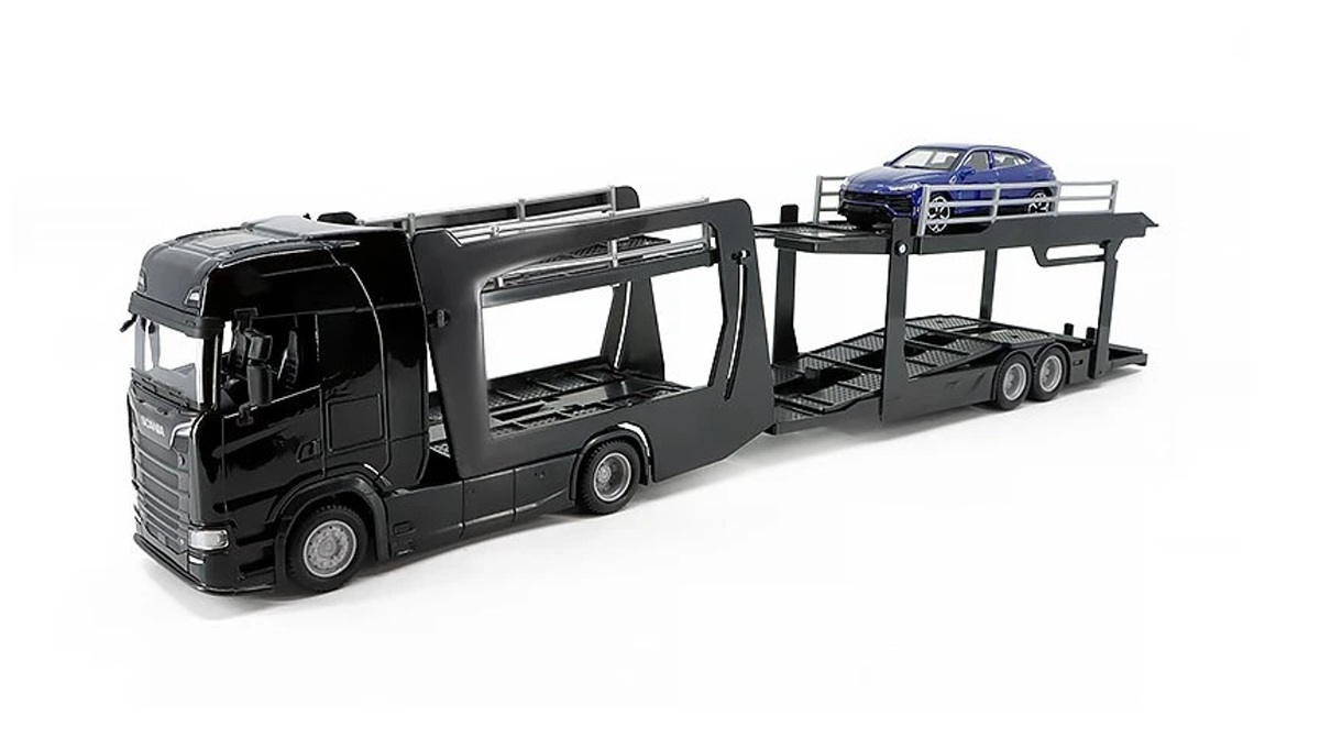 Bburago Multicar Carrier Scania 770S Black a Lamborghini Urus 1:43