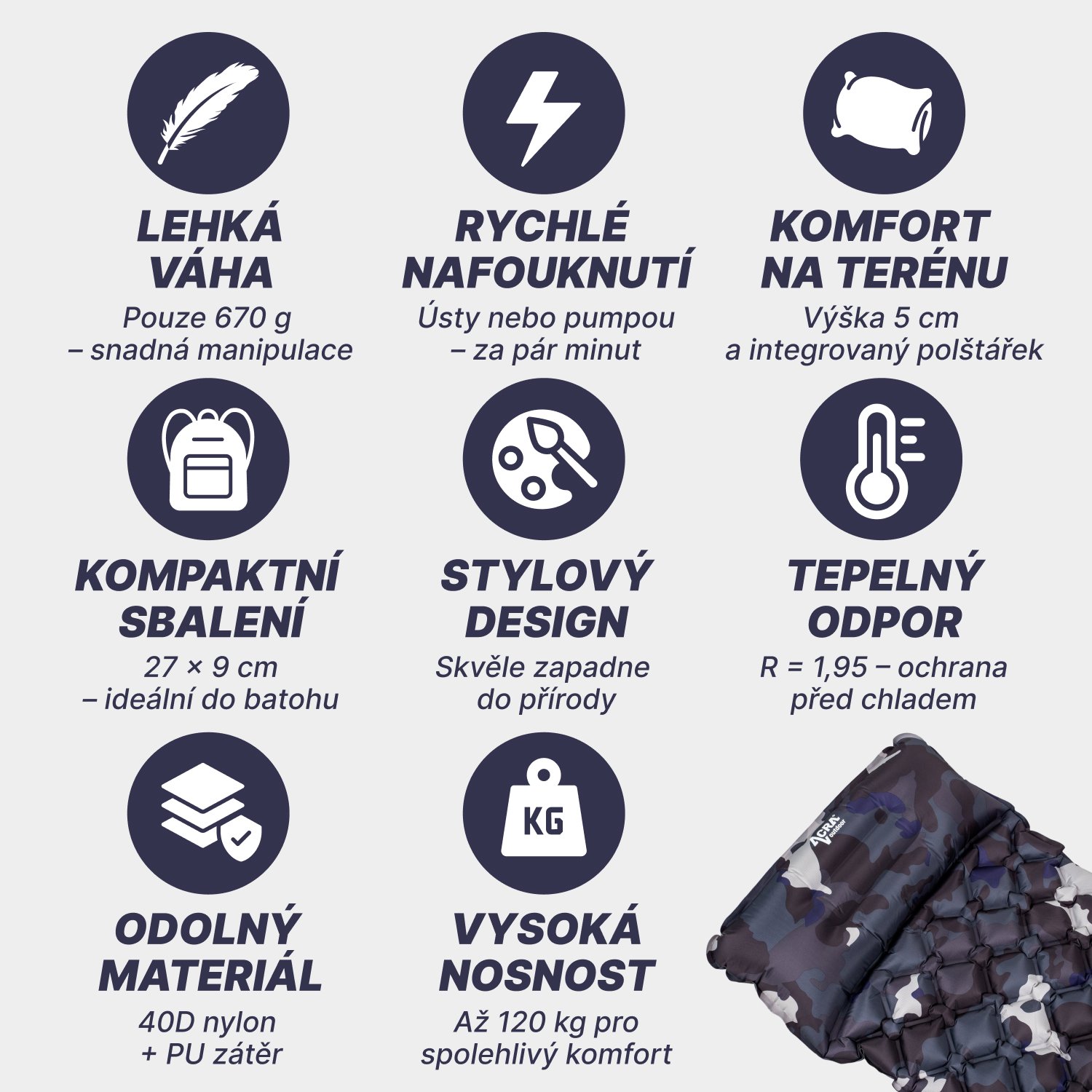 Acra L140M nafukovací karimatka šedobéžová maskovací s polštářkem 5cm