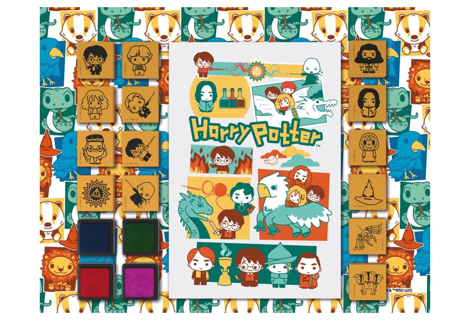 Pěnová razítka s blokem Harry Potter, 14ks s polštářky - 29x23x2,5cm