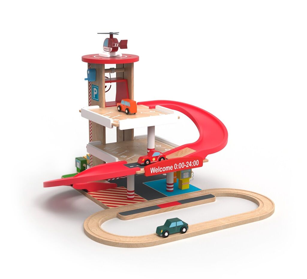 2Kids Toys Dřevěná garáž s vláčkodráhou