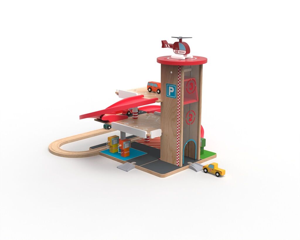 2Kids Toys Dřevěná garáž s vláčkodráhou