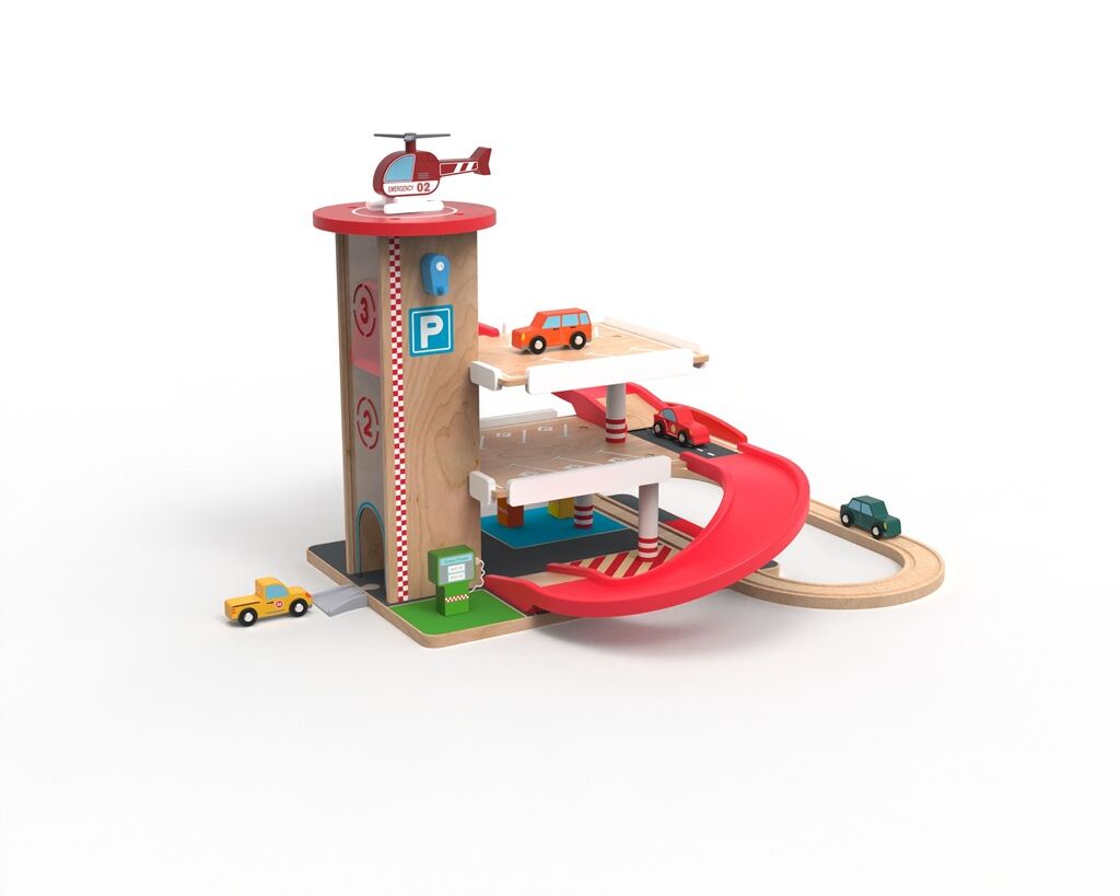 2Kids Toys Dřevěná garáž s vláčkodráhou