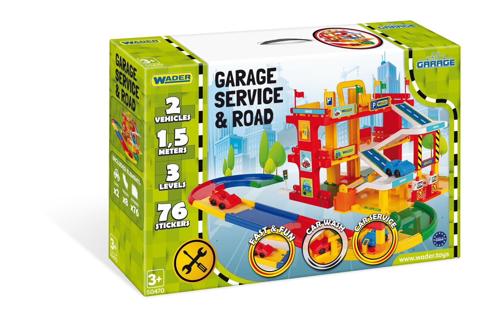 Wader Garáž servis 3 patra, dráha 1,5m, 2 auta plast v krabici 59x40x15cm