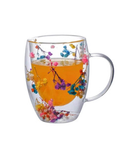 Dvoustěnný skleněný hrnek s květinami, 300 ml.