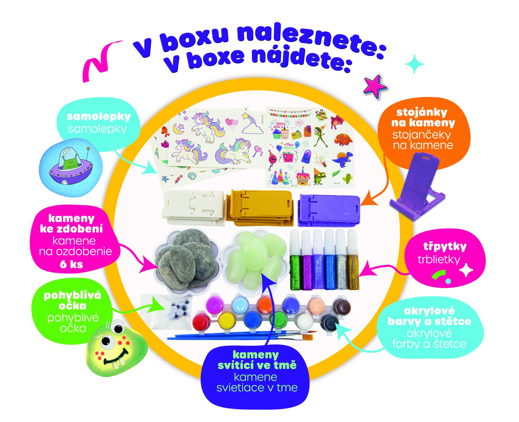 Created Malování na kameny svítící ve tmě, barvy, štětce a doplňky