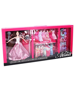 Módní butik, panenka bruneta s šatníkem, 30cm