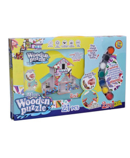 Puzzle 3D dřevěný domeček s barvami 