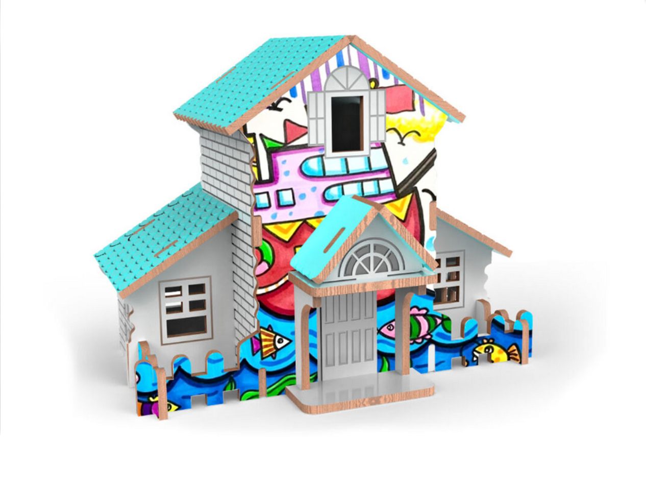 Puzzle 3D dřevěný domeček s barvami