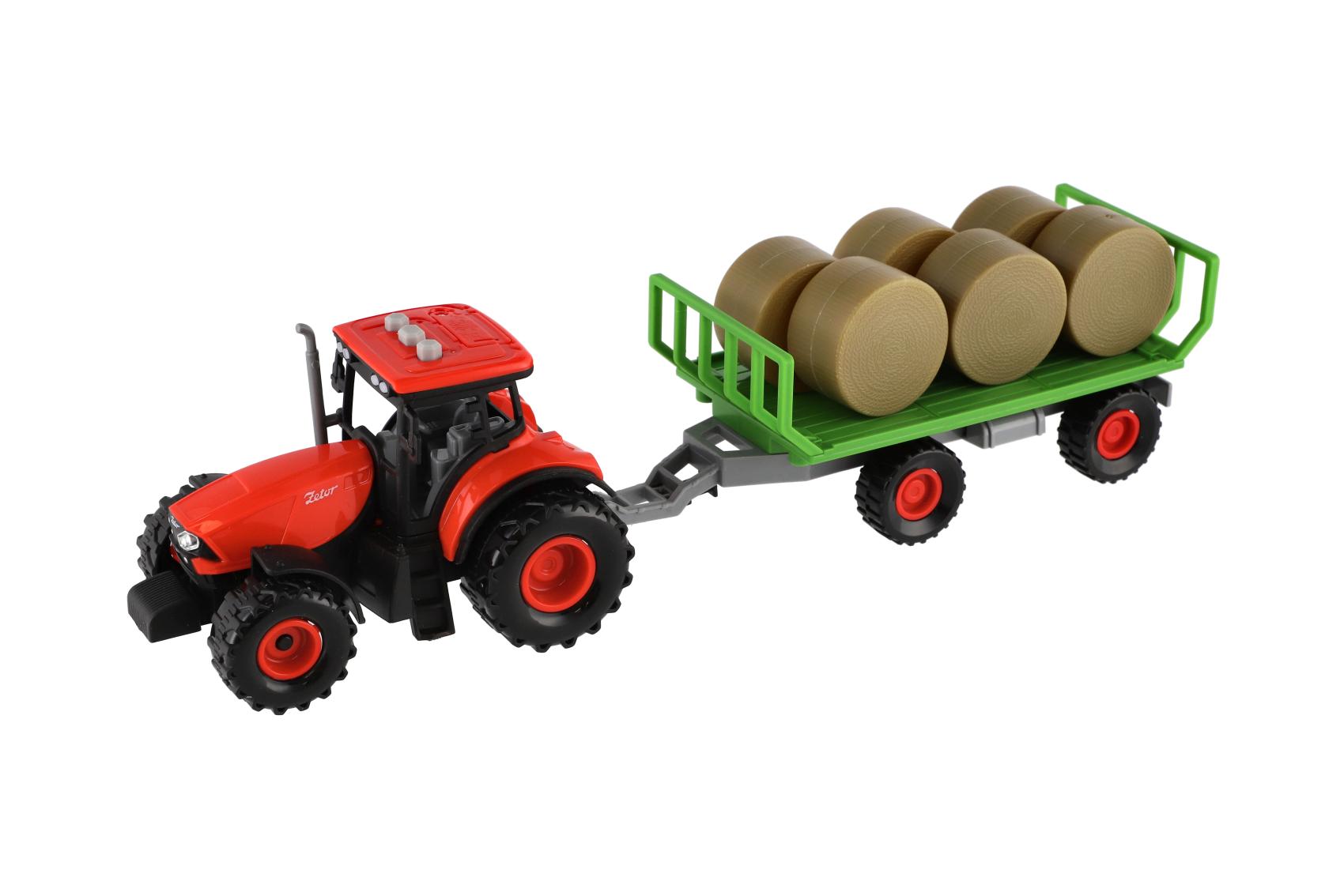 Traktor Zetor s vlekem a balíky, setrvačník, zvukové a světelné efekty, 36 cm