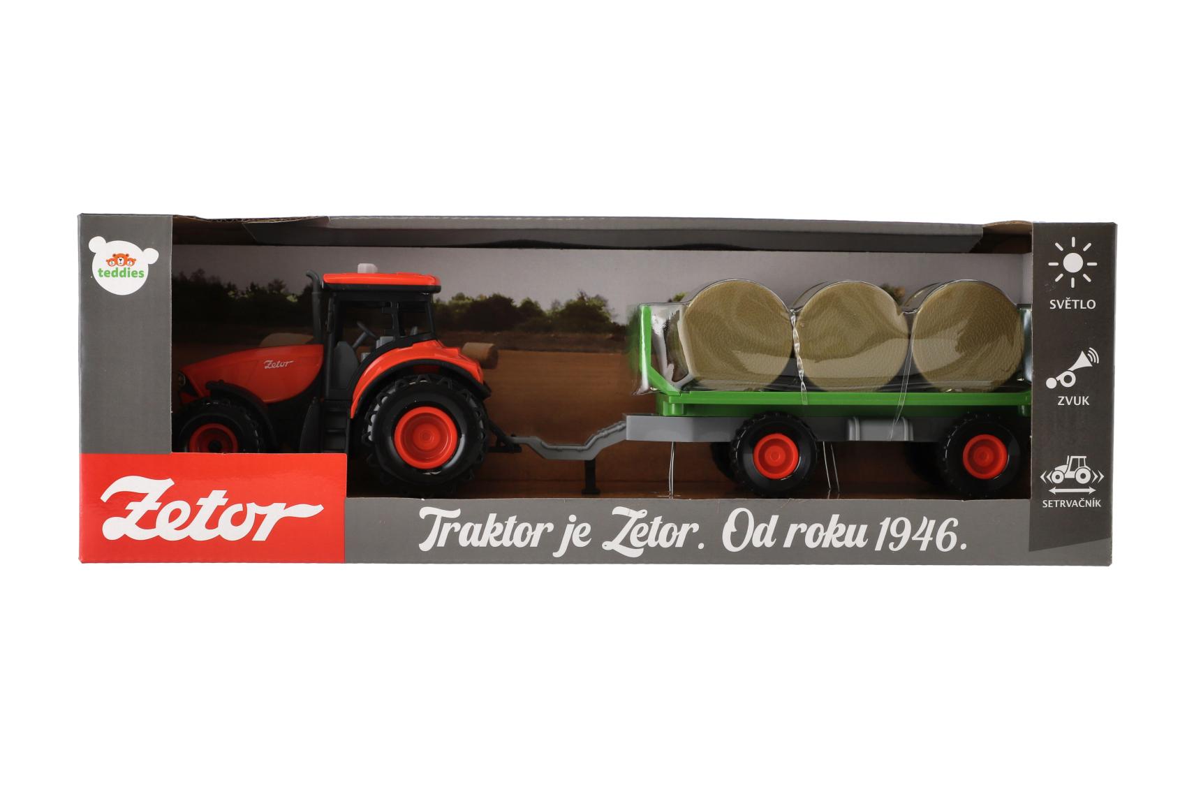 Traktor Zetor s vlekem a balíky, setrvačník, zvukové a světelné efekty, 36 cm