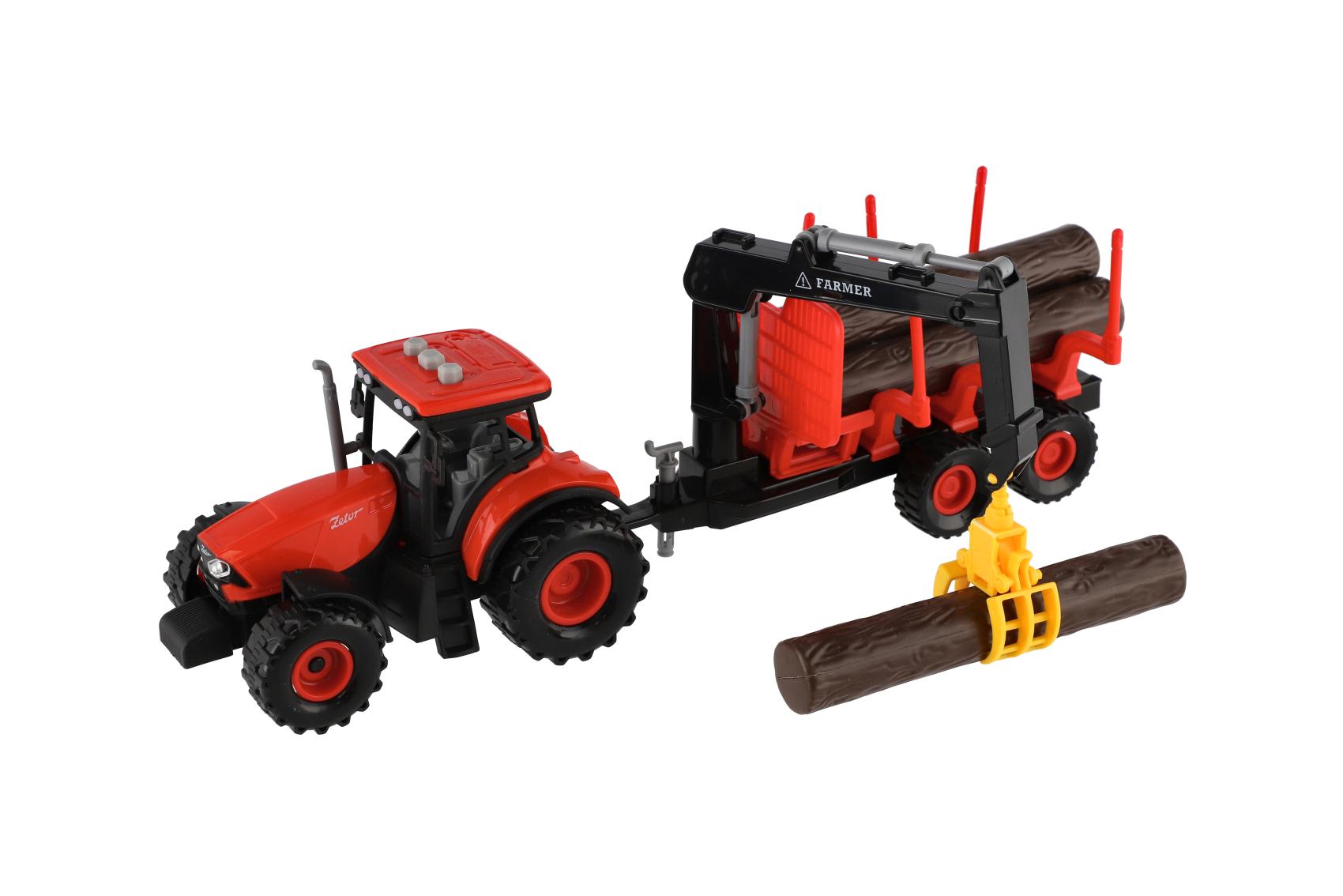 Traktor Zetor s vlekem na dřevo, setrvačník, zvukové a světelné efekty, 36 cm