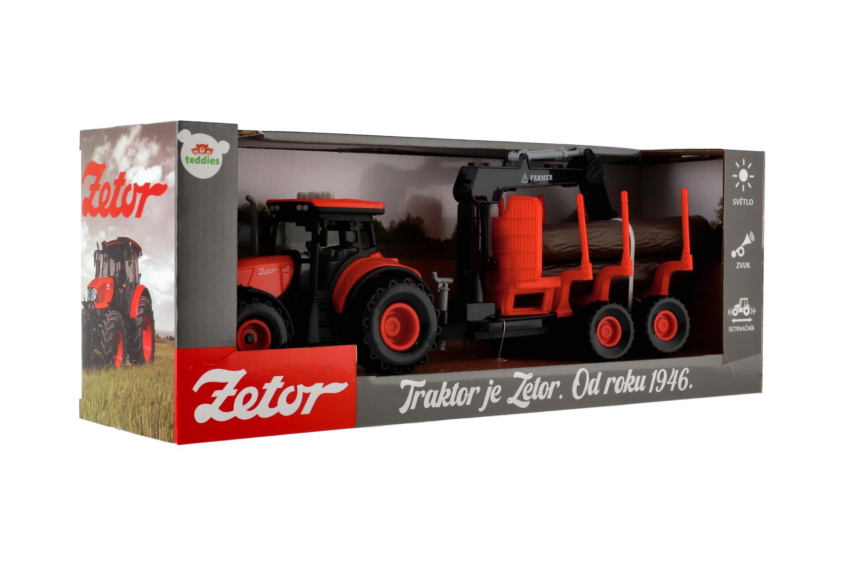 Traktor Zetor s vlekem na dřevo, setrvačník, zvukové a světelné efekty, 36 cm
