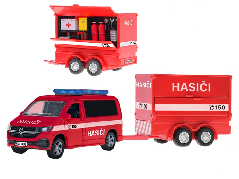 Kids Globe Traffic VW hasiči s přívěsem na zpětný chod, 27cm