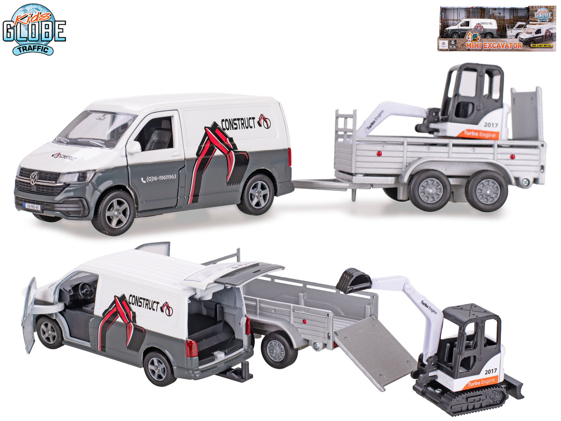 Kids Globe Traffic VW Transporter s přívěsem a minibagrem na zpětný chod, 27cm