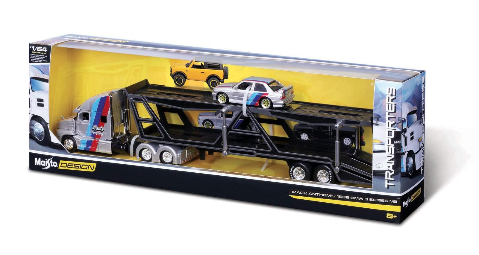 Maisto Design Transporters Mack Anthem 1988 a BMW 3 Series M3, 1:64