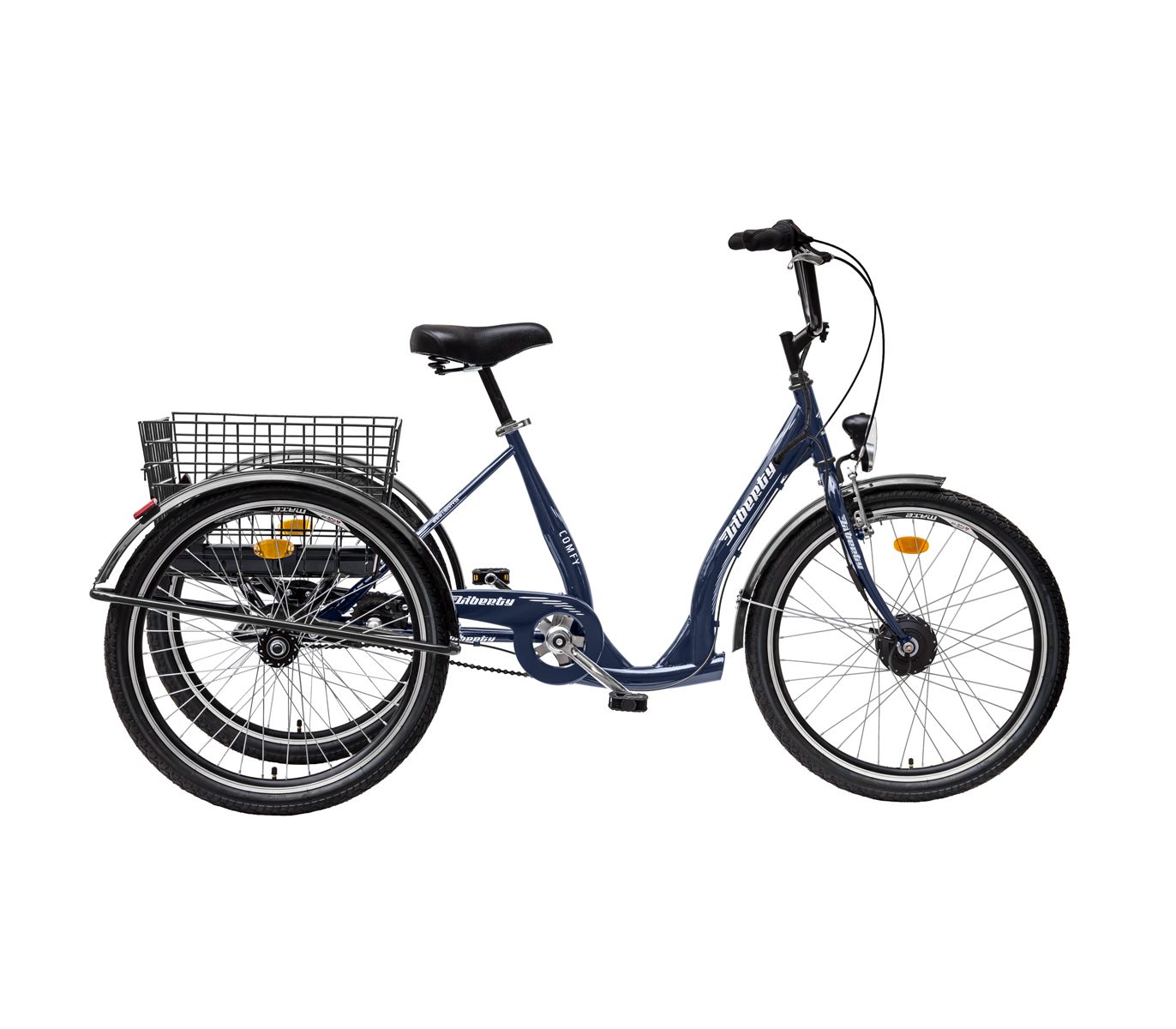 Tříkolka pro seniory Liberty e-COMFY 24" 3spd., 36V 10,4Ah, kaučuková kola, modrá