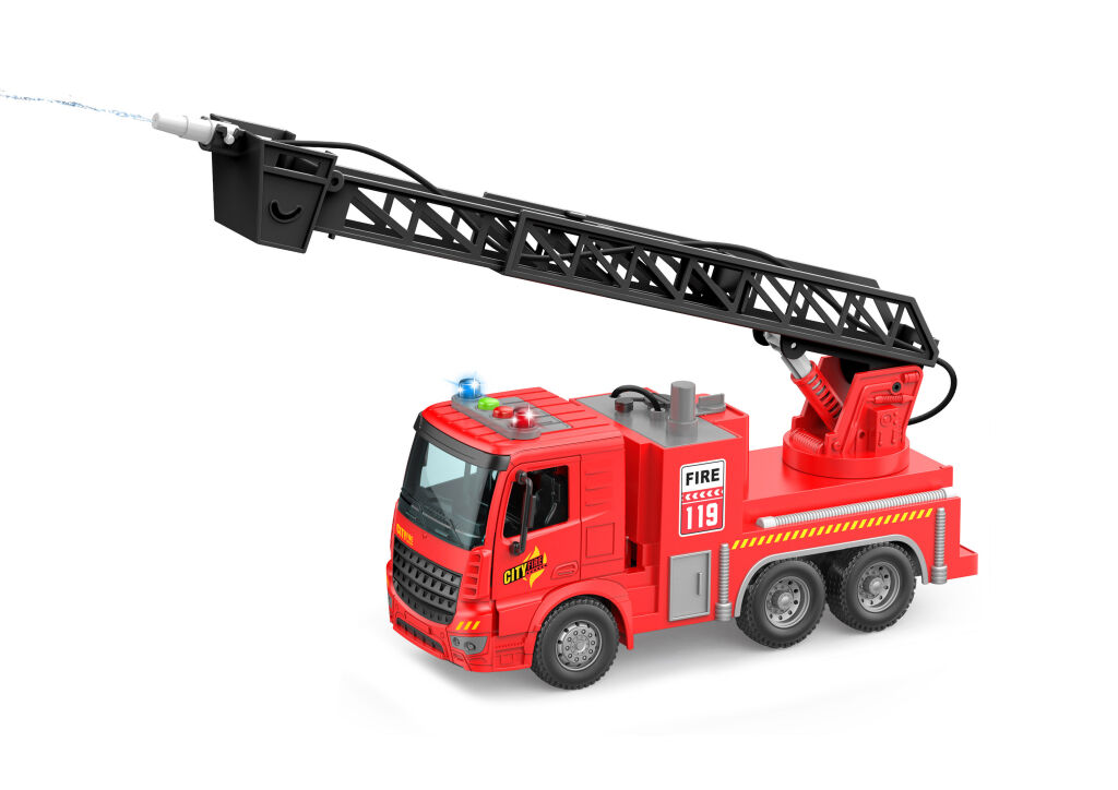 Hasičské auto s žebříkem stříkající vodu, světelné efekty 30 cm