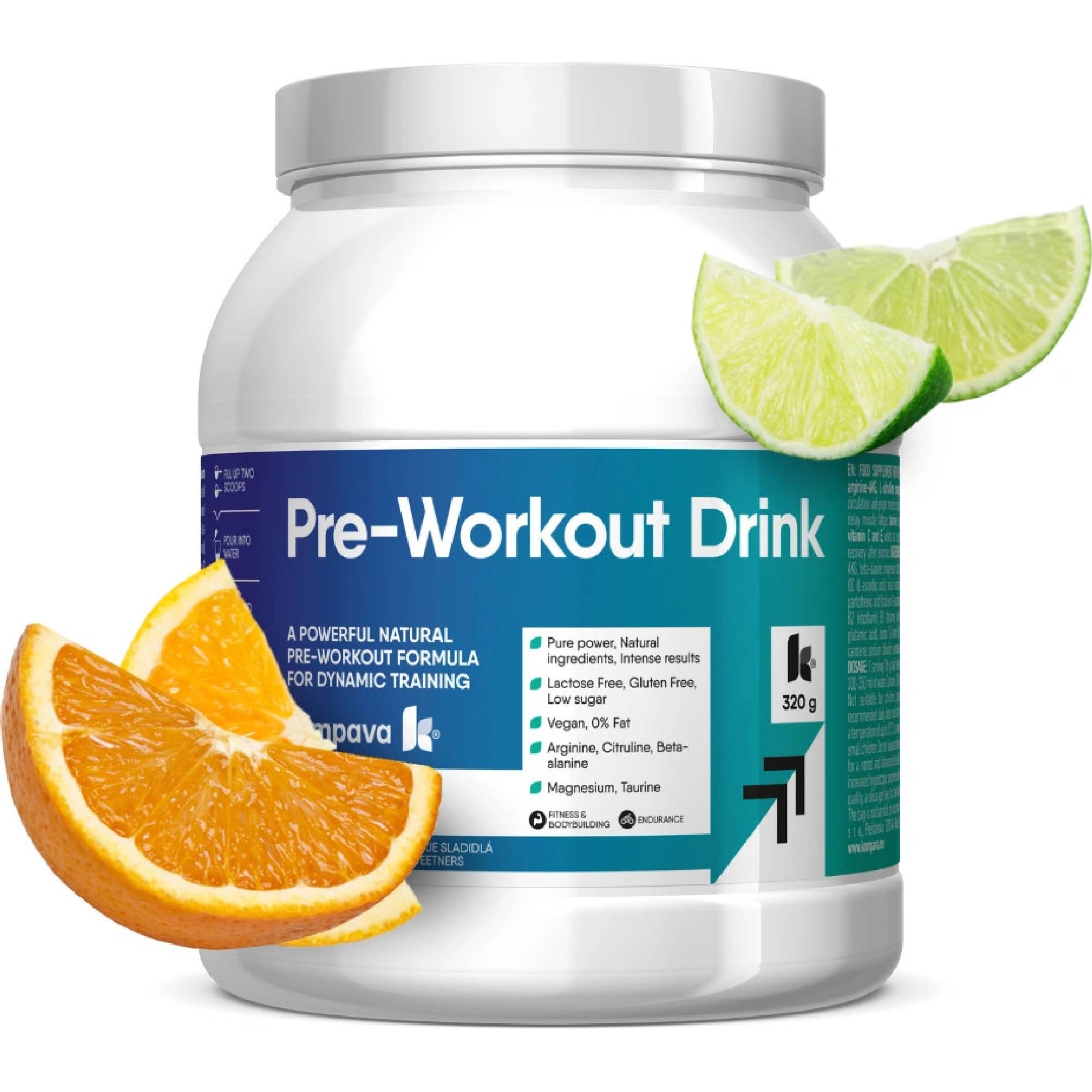 Kompava Pre-Workout Drink, pomeranč-limetka, 320 g