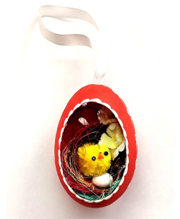 Velikonoční Husí kraslice vrtaná s kuřátkem - červený květ