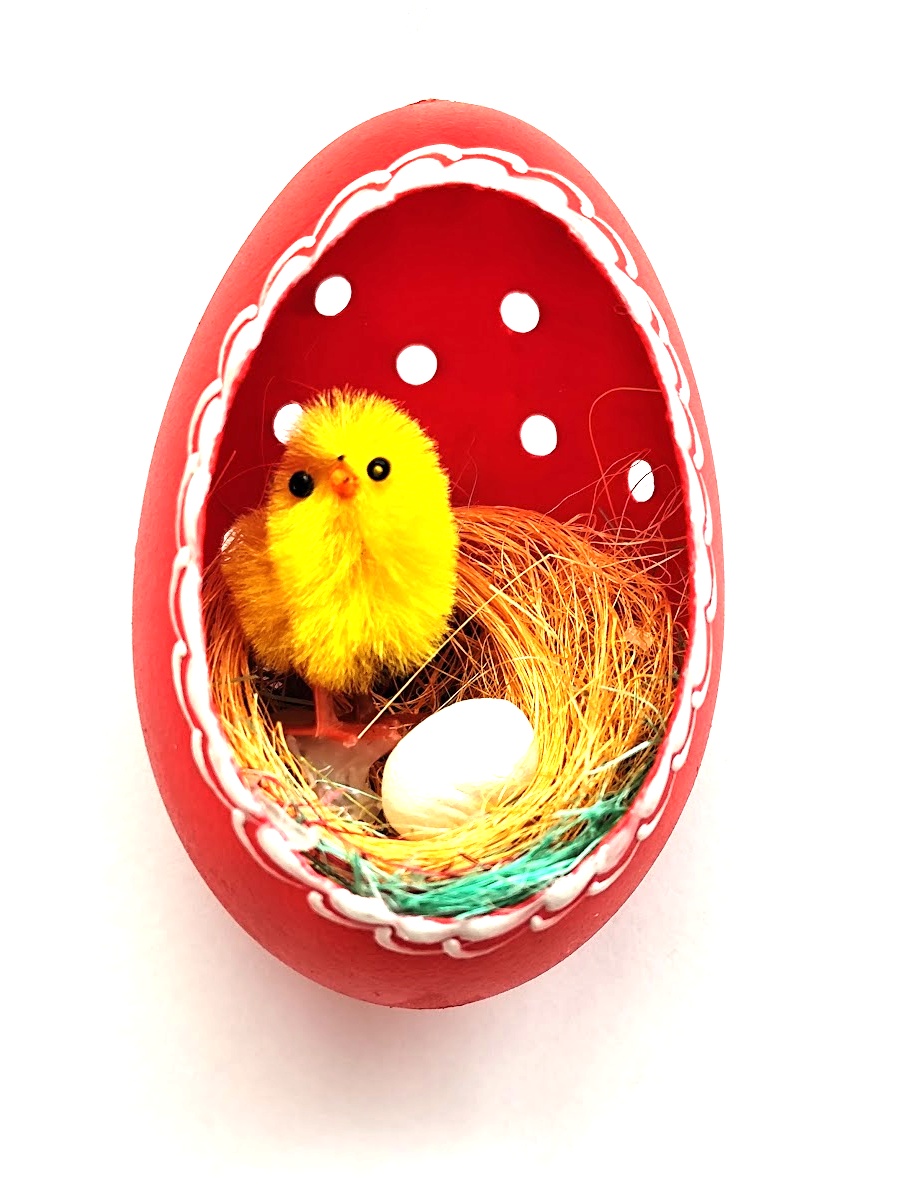 Velikonoční Husí kraslice vrtaná s kuřátkem - červený ornament