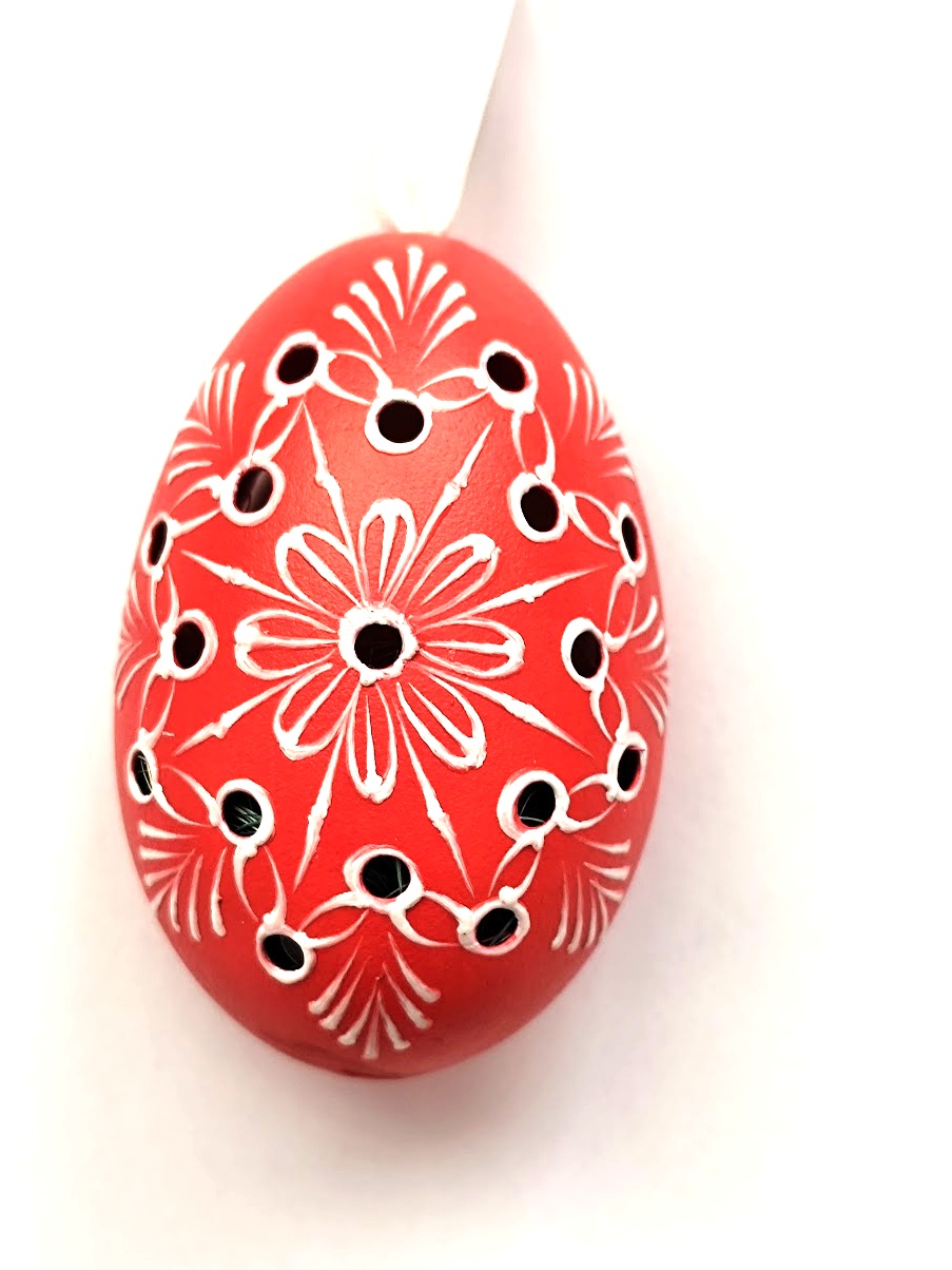 Velikonoční Husí kraslice vrtaná s kuřátkem - červený ornament