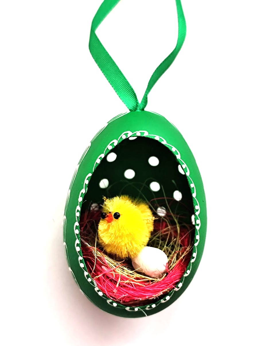 Velikonoční Husí kraslice vrtaná s kuřátkem - Zelený ornament