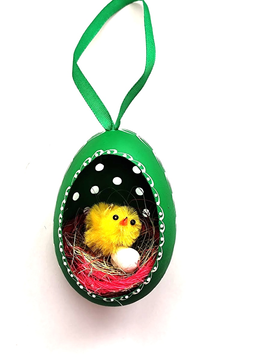 Velikonoční Husí kraslice vrtaná s kuřátkem - Zelený ornament