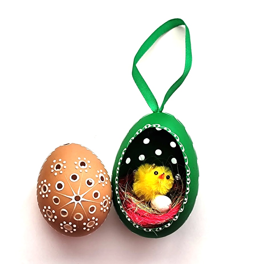 Velikonoční Husí kraslice vrtaná s kuřátkem - Zelený ornament