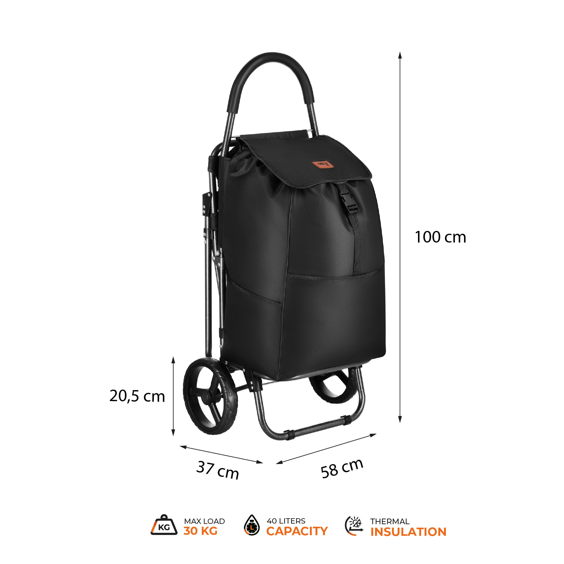 Nákupní taška na kolečkách NILS NC4303 černá se sedátkem, 40 litrů