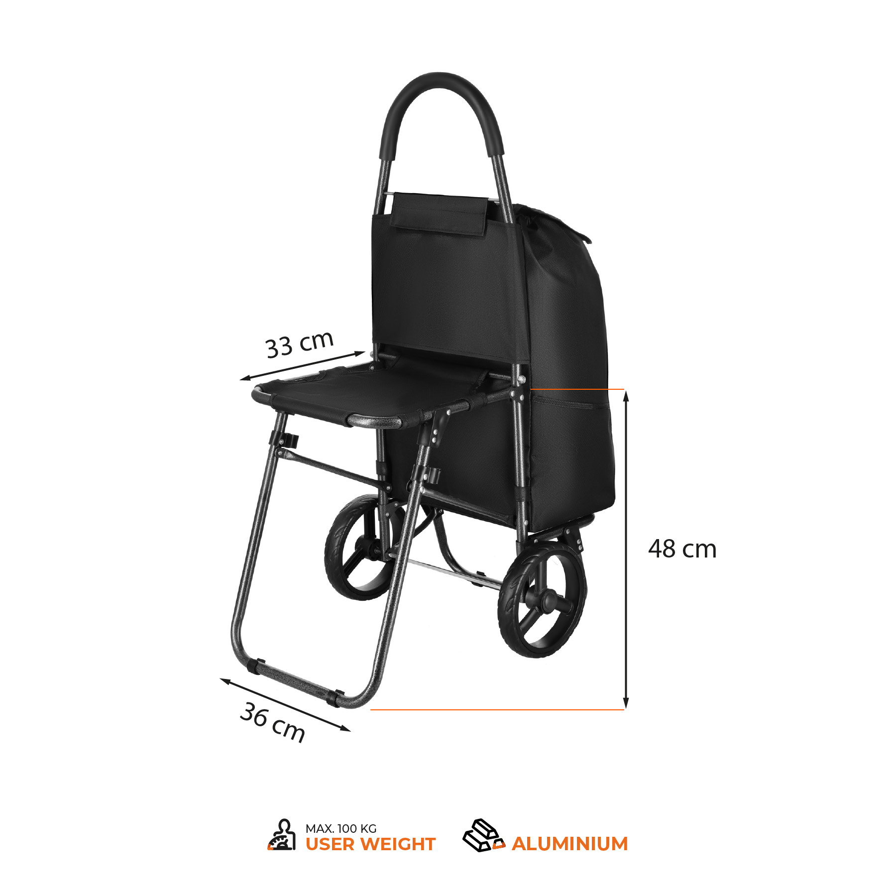 Nákupní taška na kolečkách NILS NC4303 černá se sedátkem, 40 litrů