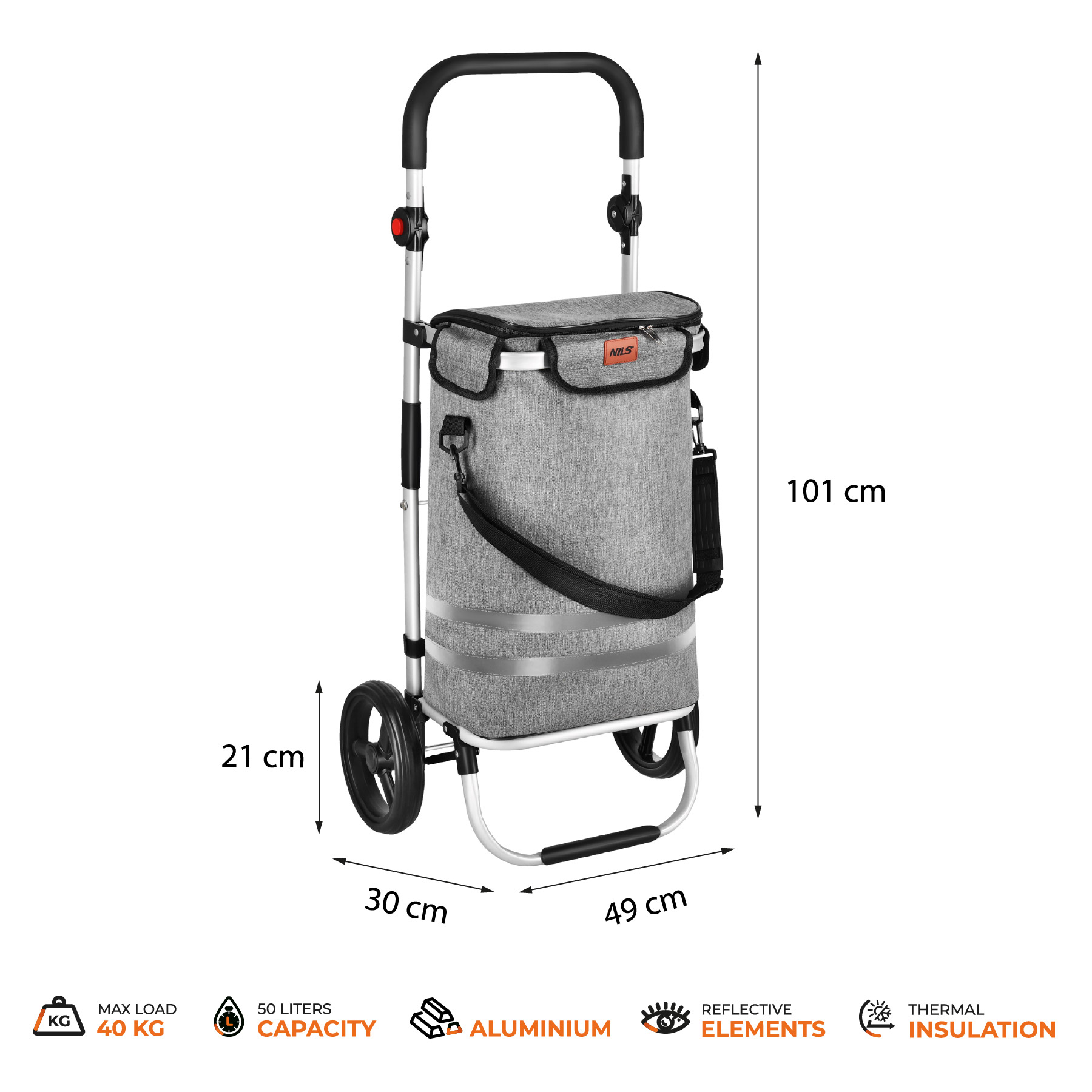Skládací nákupní taška na kolečkách NILS NC4305 Premium, šedá, 50 litrů
