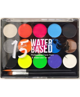Sada barev na obličej, 15 barev, 2 štětce