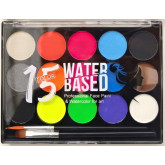 Sada barev na obličej, 15 barev, 2 štětce