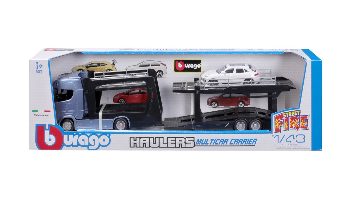 Bburago Multicar Carrier Scania 770S a Porsche Macan 1:43