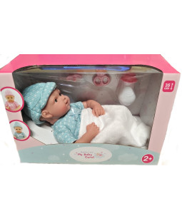 Miminko v modrém oblečení s doplňky, 32cm