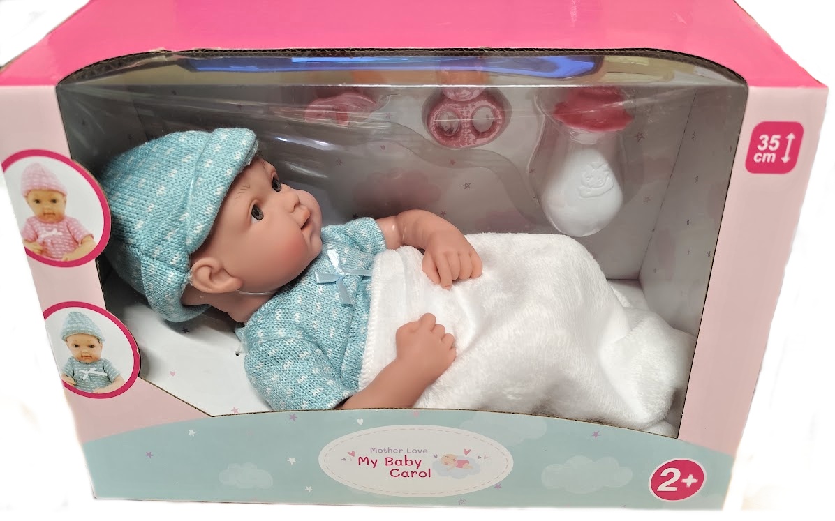 Miminko v modrém oblečení s doplňky, 32cm