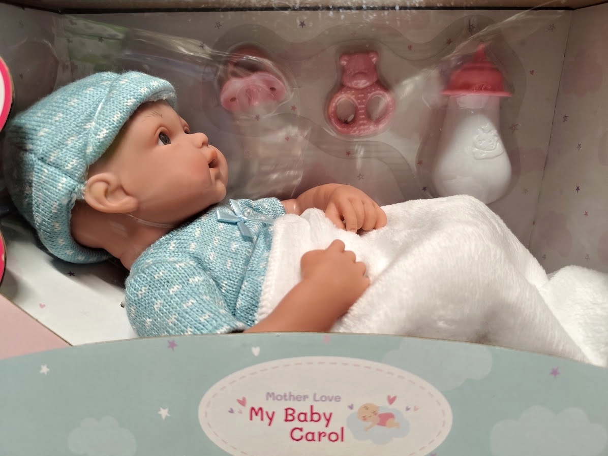 Miminko v modrém oblečení s doplňky, 32cm