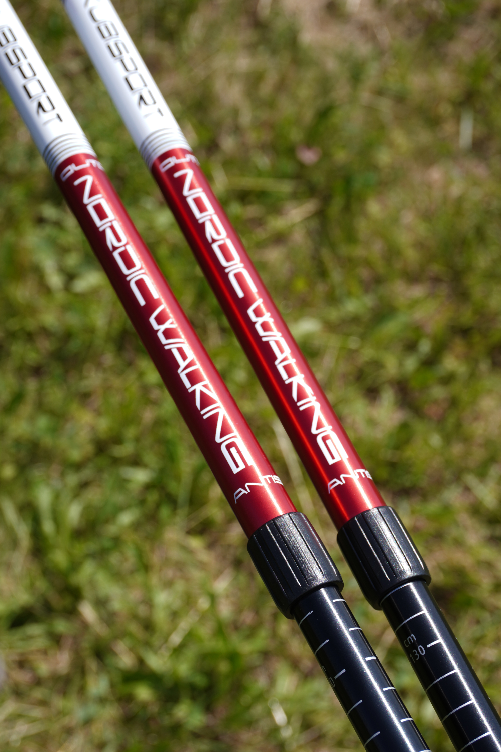 Trekové hole třídílné teleskopické Alu s antishockem, červené, 65-135 cm