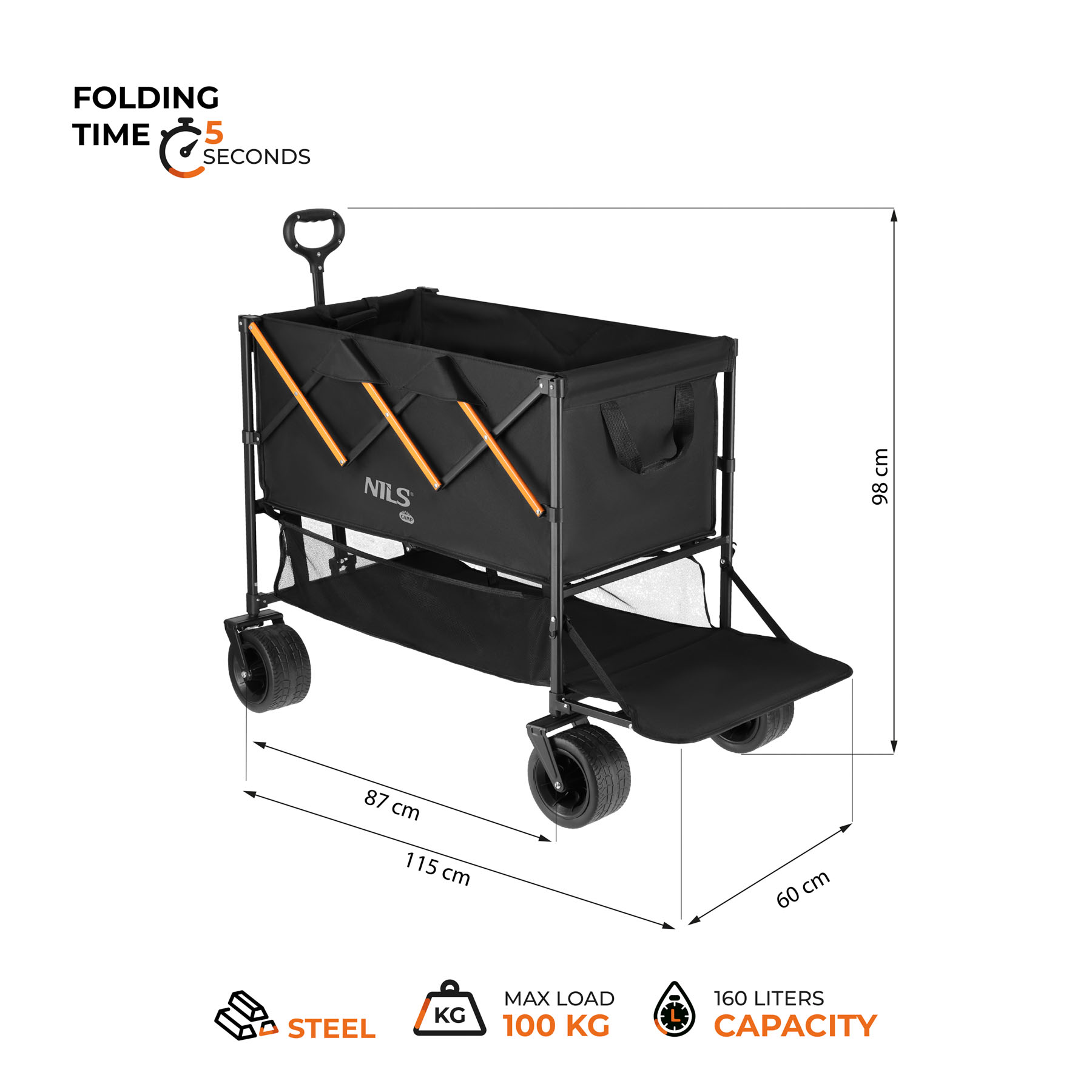 Kempingový vozík NILS Camp NC2607 XXL, 160L, černo-oranžový