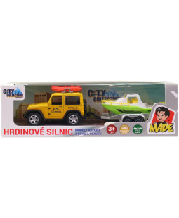 Made Terénní auto s přívěsem a lodí, 21 cm