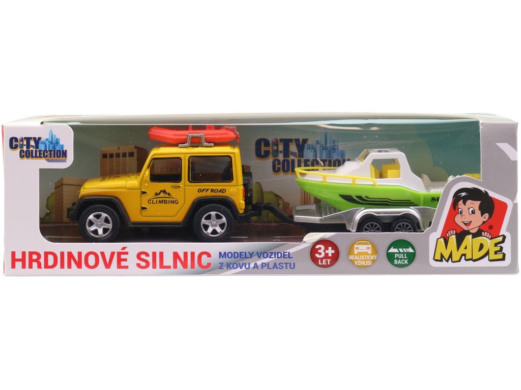 Made Terénní auto s přívěsem a lodí, 21 cm
