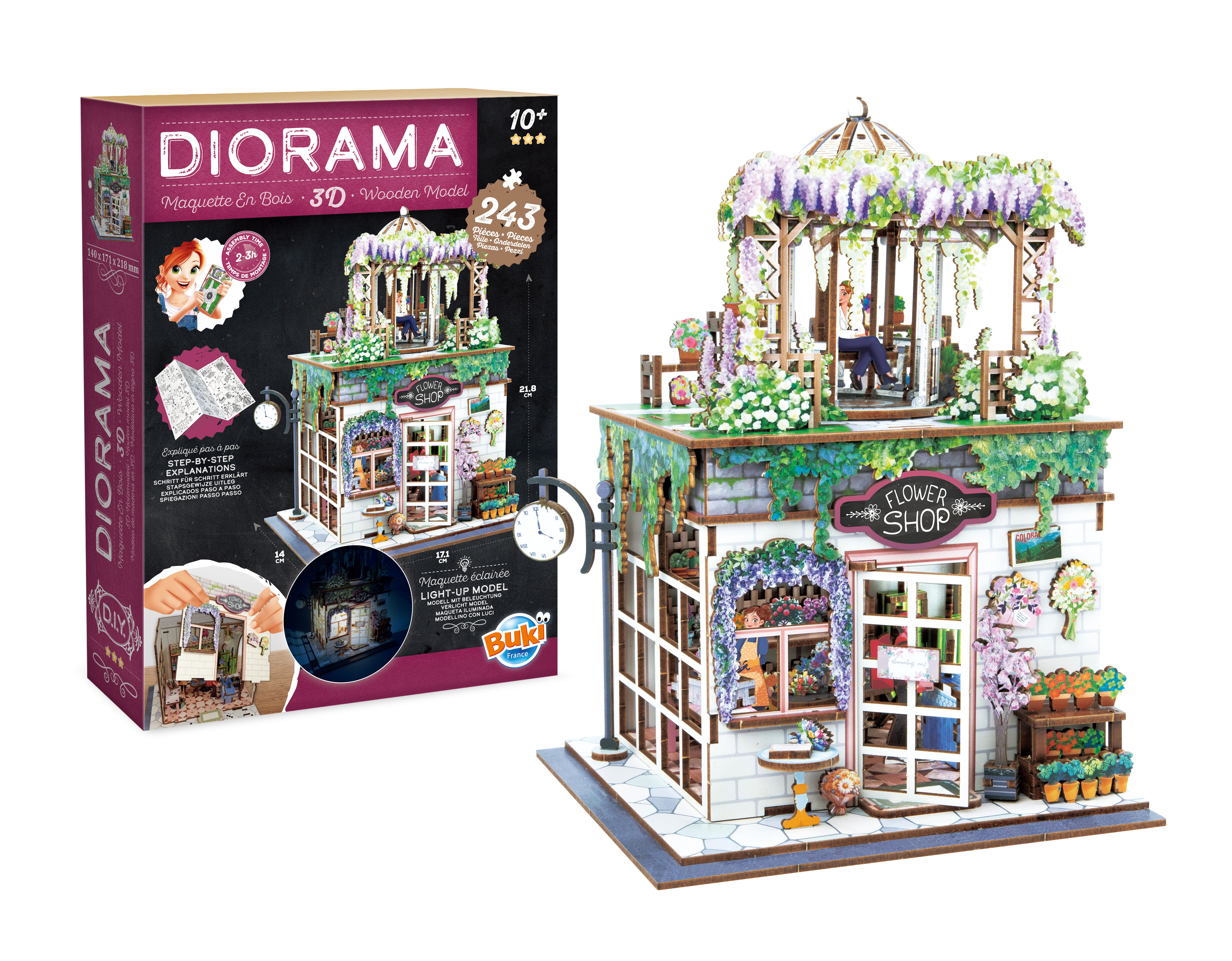 Buki Dřevěná 3D stavebnice Diorama Květinářství s LED osvětlením
