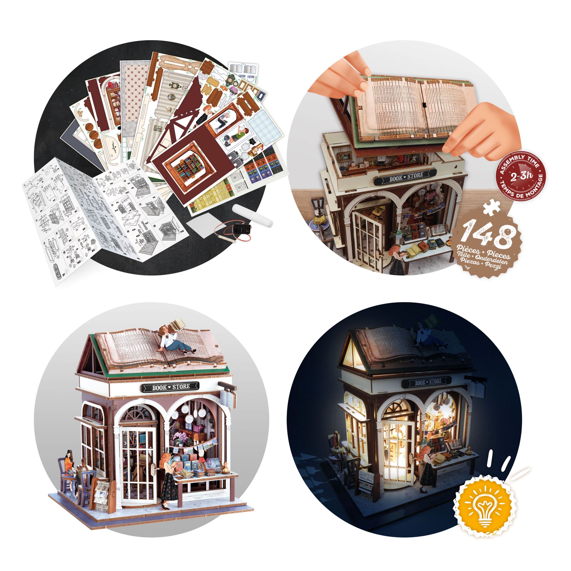 Buki Dřevěná 3D stavebnice Diorama Knihkupectví s LED osvětlením